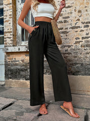 Elastic Waist Straight Leg Pants Casual Button Pocket Loose Pants