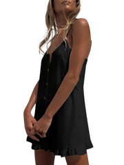 Boho Ruffle Trim Jumpsuit Button Front Casual Sleeveless