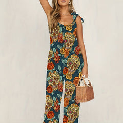 Floral & Skull Print Tied Cami Jumpsuit Casual Sleeveless Backless Jumpsuit