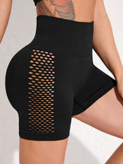 Fishnet Insert Sports Shorts Hollow Out Waistband Yoga Biker Shorts