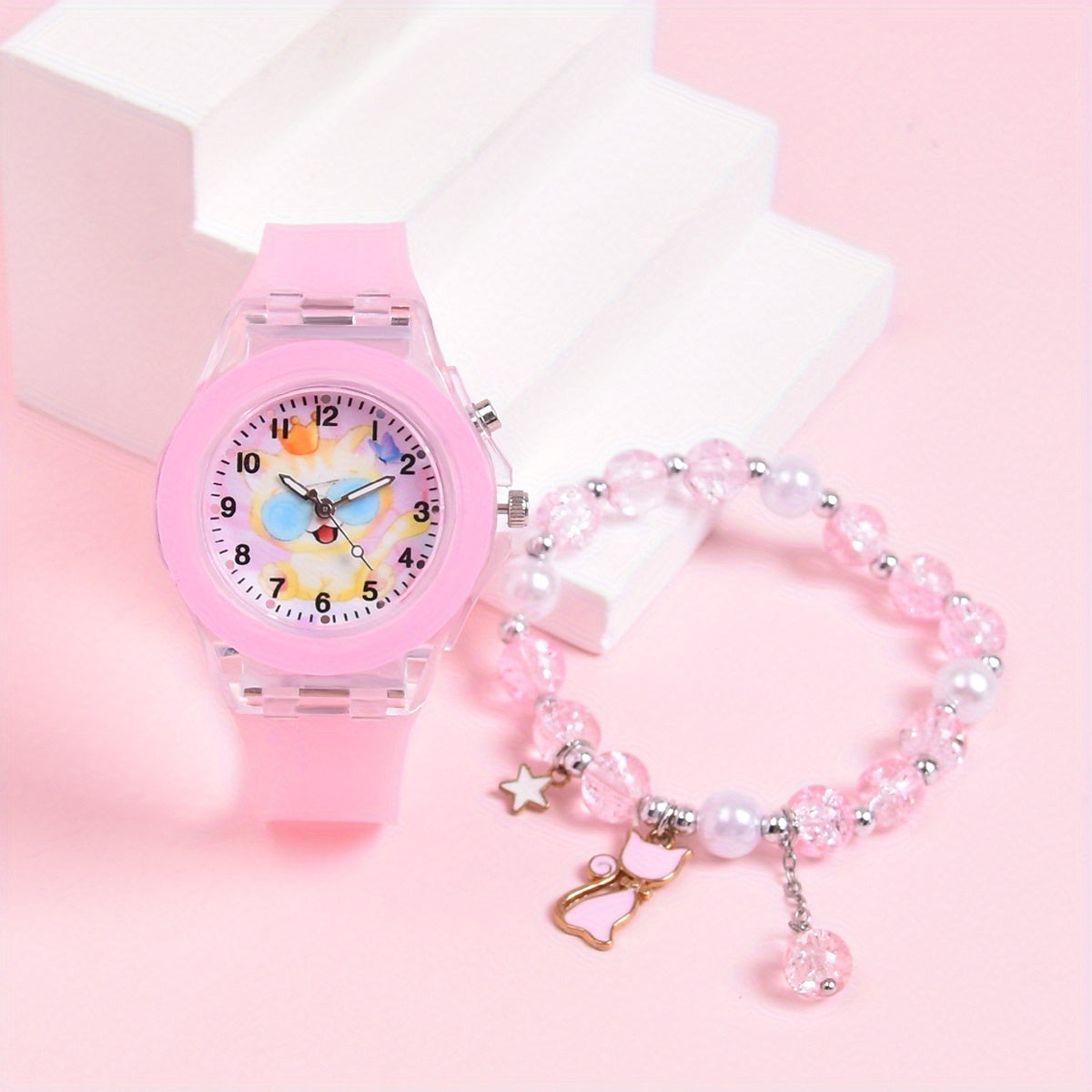Girls' Cartoon Cat Glow in Dark Watch Set with Glasses Strap Bracelet