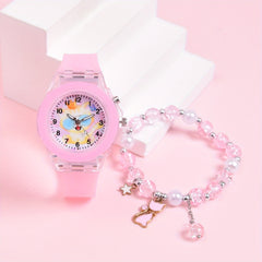 Girls' Cartoon Cat Glow in Dark Watch Set with Glasses Strap Bracelet