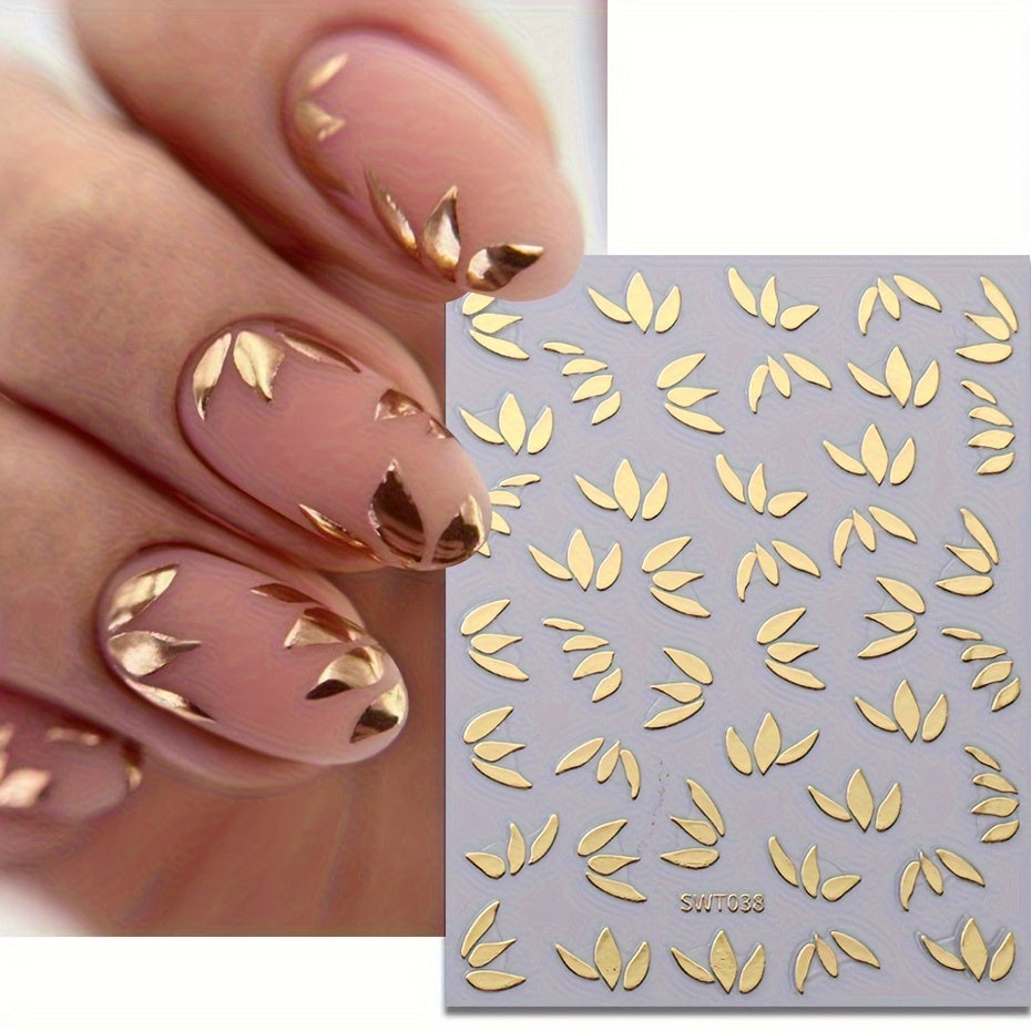 Metallic Leaf Nail Art Stickers Flower Rose Golden Silvery Mirror Spring Petal