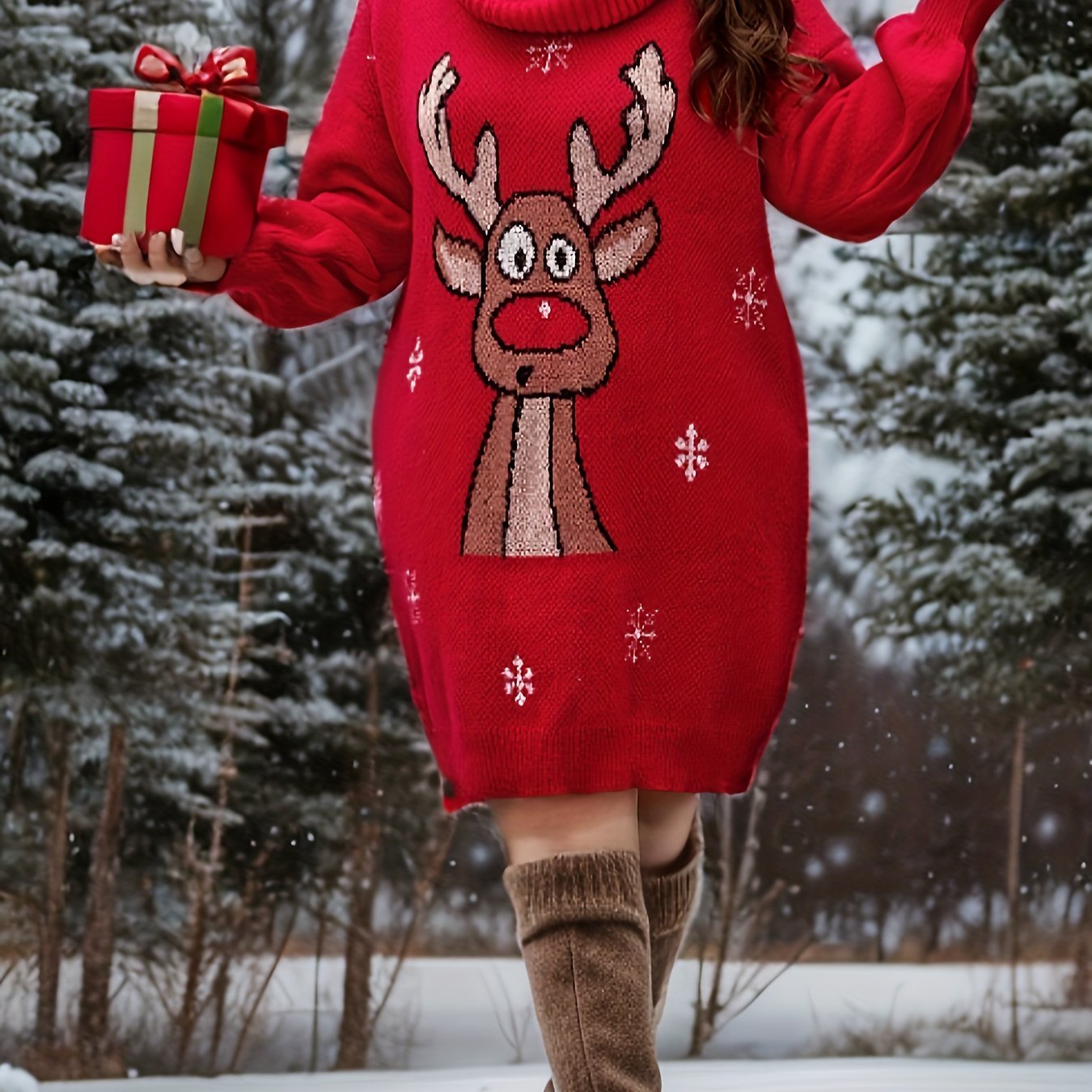 Women's Plus Reindeer & Snowflake Lantern Sleeve Turtleneck Sweater Dress