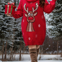 Women's Plus Reindeer & Snowflake Lantern Sleeve Turtleneck Sweater Dress