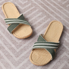 Women's Cross Straps Knit Sandals Slip On Open Toe Linen Soft Sole Flat