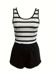 Stripe Print Pajama Set Crew Neck Sleeveless Top & Shorts