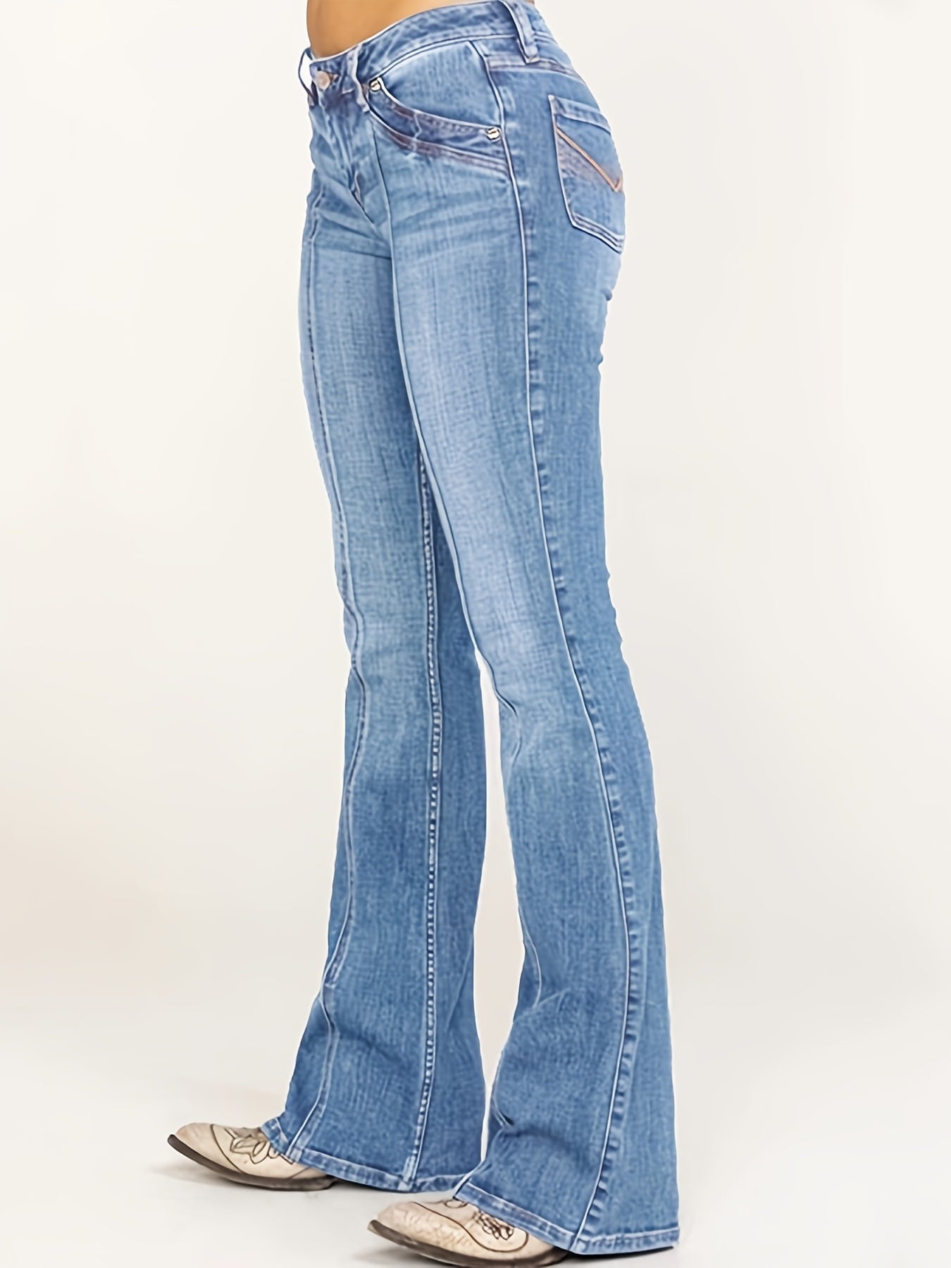 Mid Rise Flare Jeans Slash Pockets Bell Bottom Wide Leg Slim Fit Denim Pants