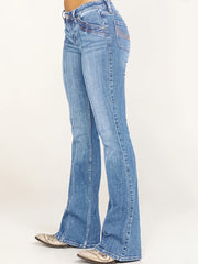 Mid Rise Flare Jeans Slash Pockets Bell Bottom Wide Leg Slim Fit Denim Pants