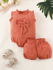 2pcs Baby Girls Sleeveless Bowknot Onesie & Shorts Set