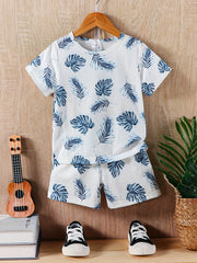 Boys Leaves Print T Shirt And Shorts Set