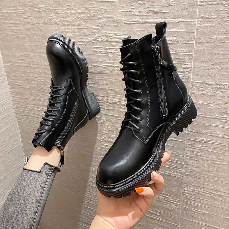 Women's Solid Combat Boots Stylish Round Toe Side Zipper Boots
