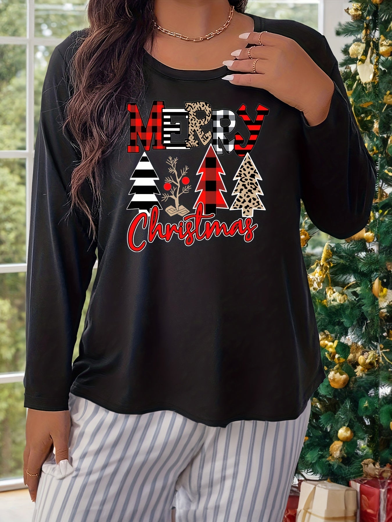 Christmas Lounge Top Women's Plus Christmas Tree Print Long Sleeve