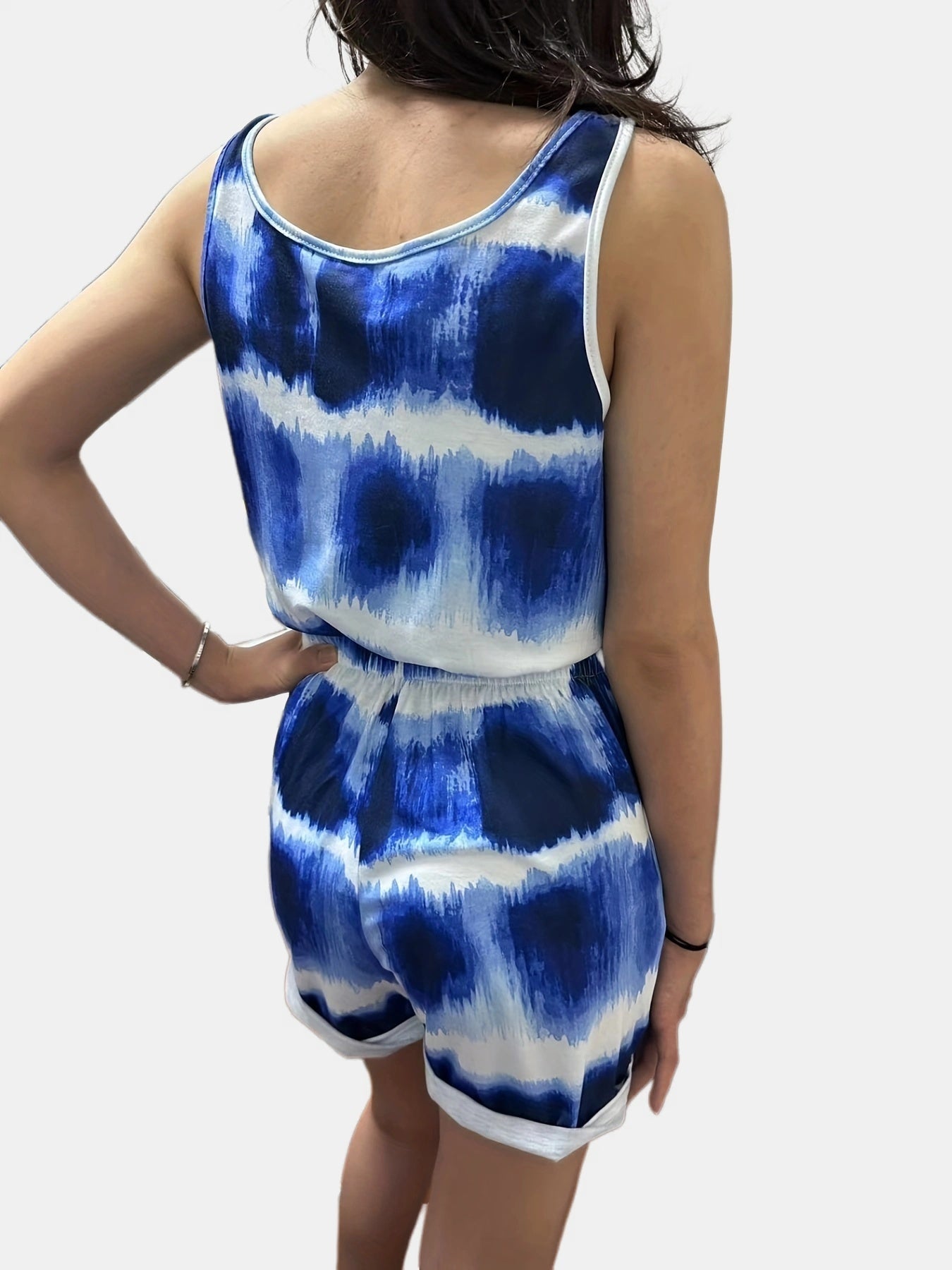 Tie Dye Drawstring Waist Romper Casual Sleeveless Jumpsuit