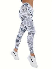 Newspaper Print Leggings Women Yoga Running Tight Pants Activewear