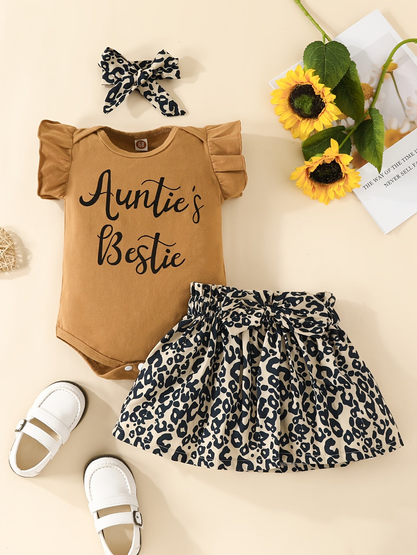 Leopard Print Romper Skirt & Headband Set for Baby Girls