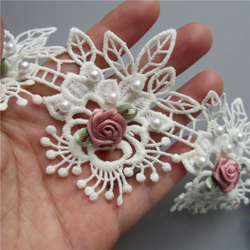 Faux Pearl Flower Lace Trim Embroidered Ribbon Fabric Sewing Craft 1 Yard