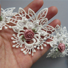 Faux Pearl Flower Lace Trim Embroidered Ribbon Fabric Sewing Craft 1 Yard