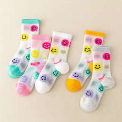 5 Pairs Kids Cartoon Smile Face Ice Silk Crew Socks