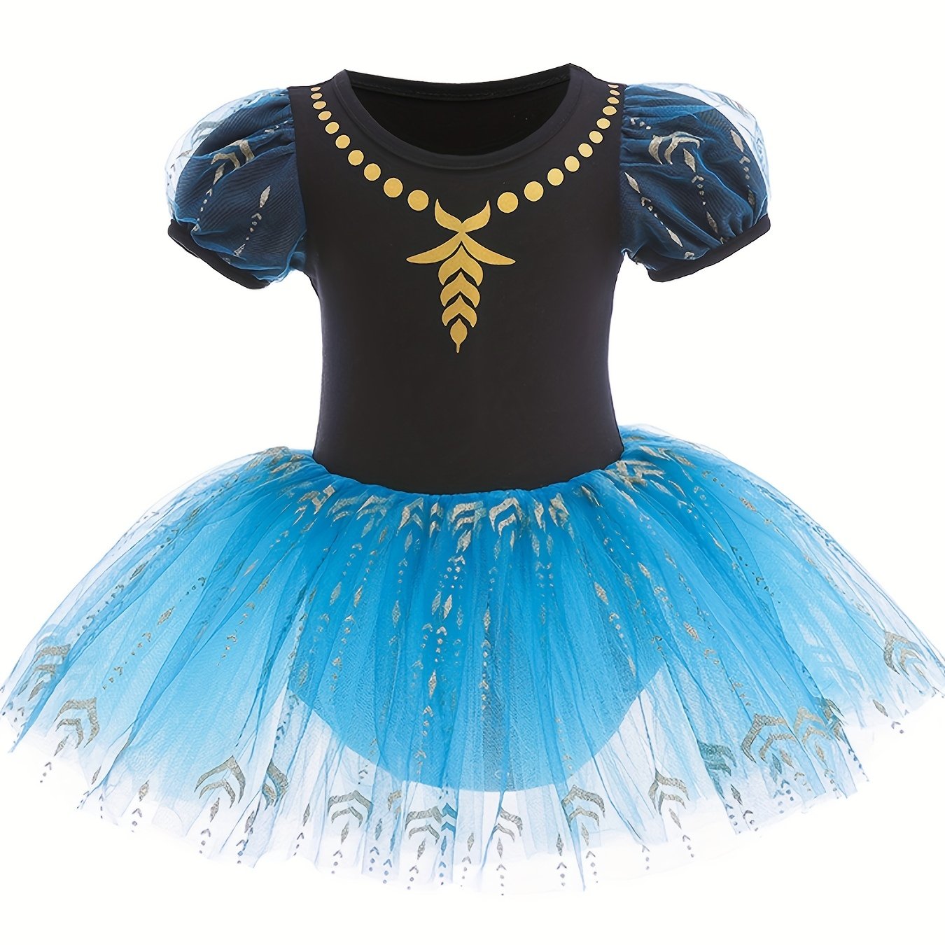 Girls Floral Tulle Tutu Mesh Puff Sleeve Ballet Dance Dress