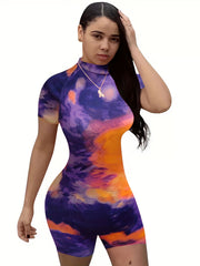 Tie Dye Mock Neck Romper Jumpsuit Short Sleeve Casual Romper