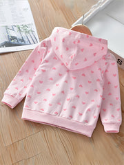 Girls Heart Print Hooded Jacket Long Sleeve Cartoon Zip Up Outwear