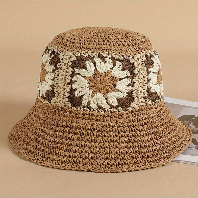 Green Flower Crochet Bucket Hat Breathable Straw Beach Travel Sun Hat