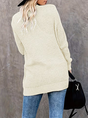 Waffle Solid Knit Cardigan Long Sleeve Sweater With Pockets