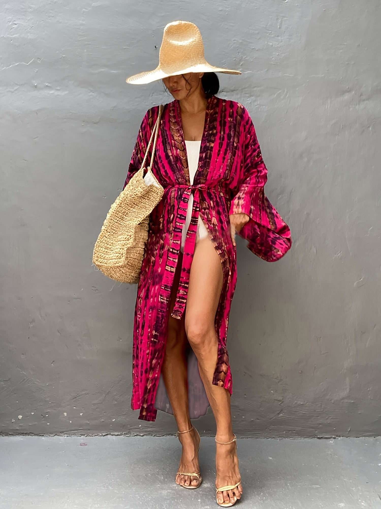 Tie Dye Striped Long Sleeve Kimono with Belt