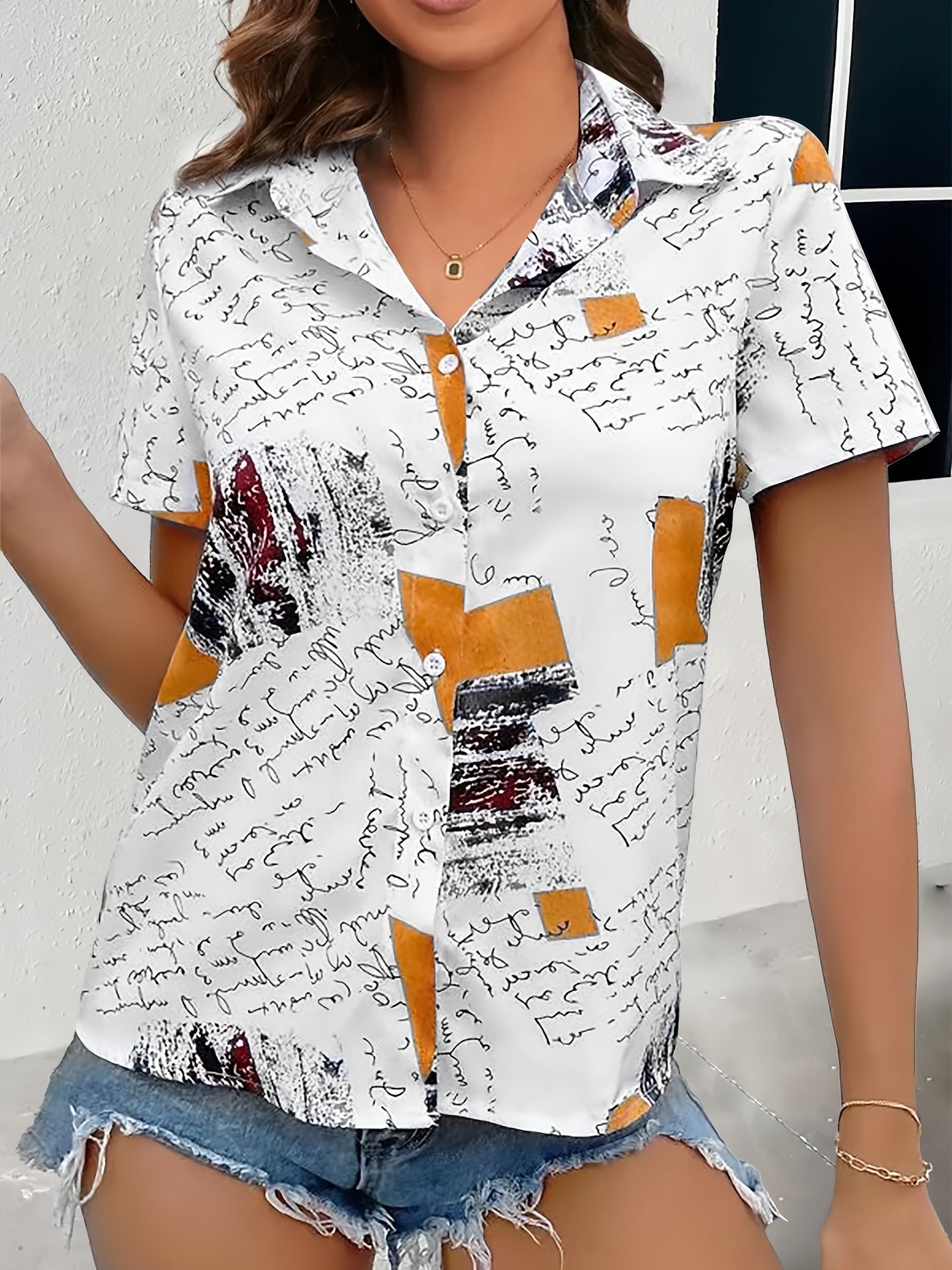 Women's Plus Size Geo & Art Letter Print Short Sleeve Blouse