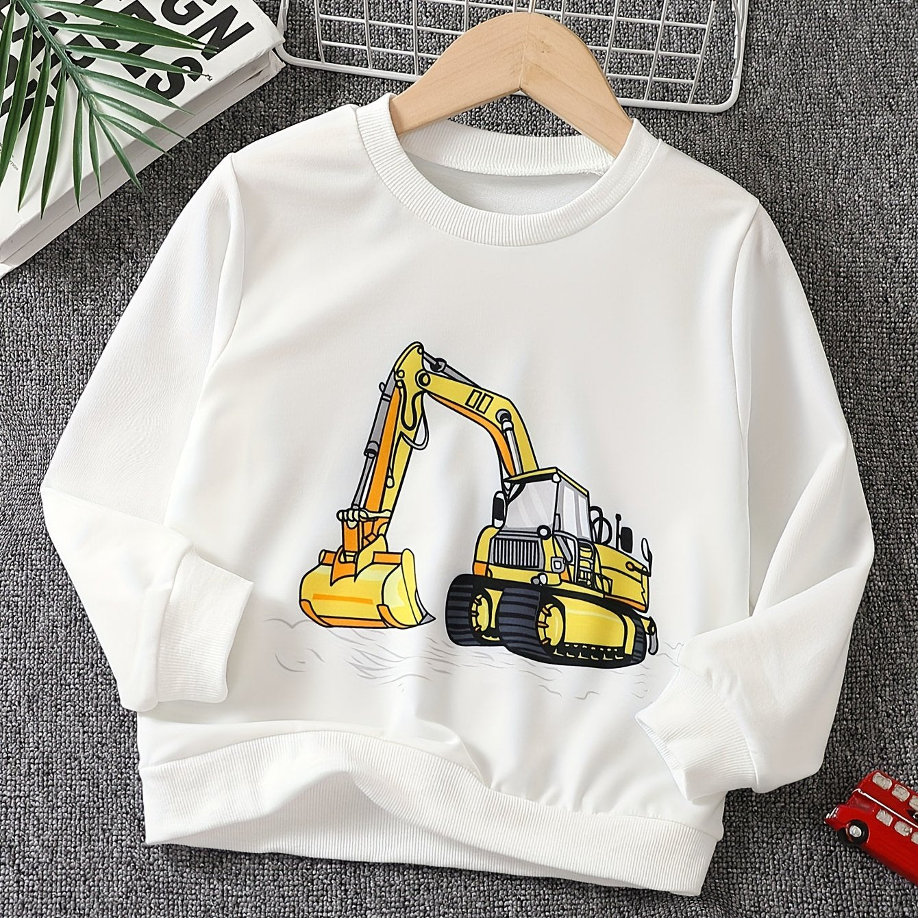 Boys Cartoon Digger Print Sweatshirt Long Sleeve Crew Neck Tops