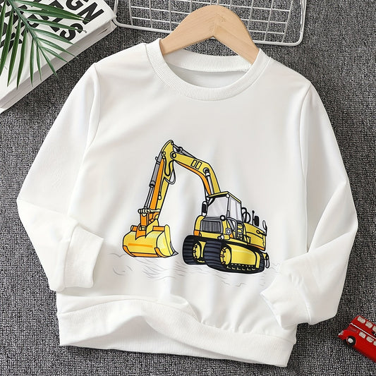 Boys Cartoon Digger Print Sweatshirt Long Sleeve Crew Neck Tops