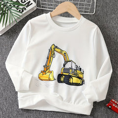 Boys Cartoon Digger Print Sweatshirt Long Sleeve Crew Neck Tops