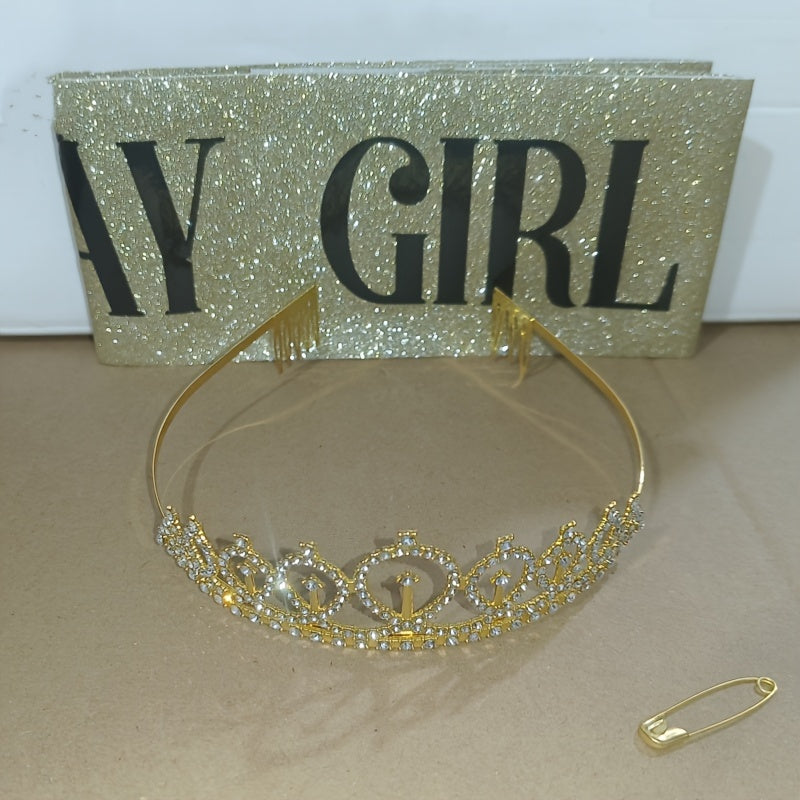 Bling Rhinestone Crystal Crown Tiara Happy Birthday Satin Sash Party Supplies