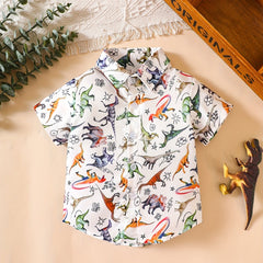 Kids Dinosaur Print Button Down Shirt Boys Casual Tee