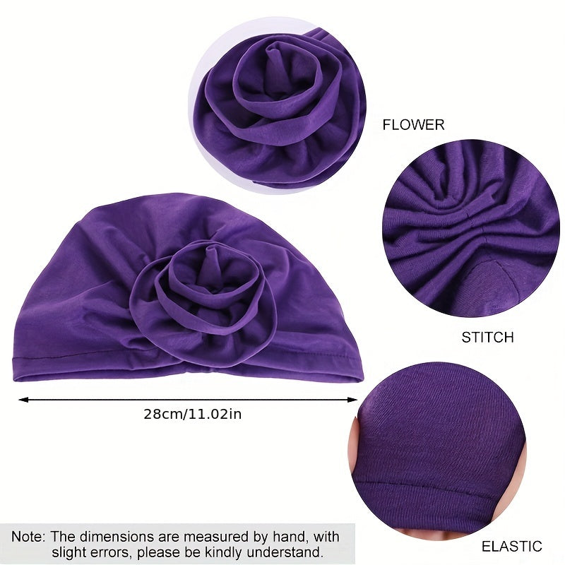 Flower Decor Ruched Turban Cap Solid Bonnet Head Wrap Head Scarf Elastic Beanie