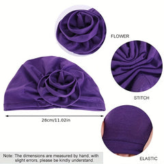 Flower Decor Ruched Turban Cap Solid Bonnet Head Wrap Head Scarf Elastic Beanie