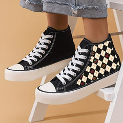 Check Pattern Lightweight High Top Breathable Canvas Sneakers