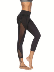 Mesh Lace Trim Skinny Cropped Pants Sports Fitness Yoga Leggings