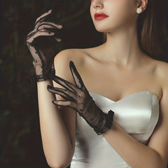 Lace Short Gloves Polka Dots Bow Wedding Bridal Dress Elastic Gloves