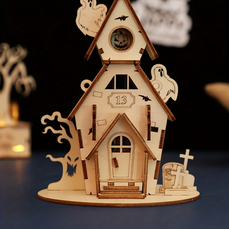 Halloween 3D Wooden House Decorations Window Ornaments DIY Toys Ghost