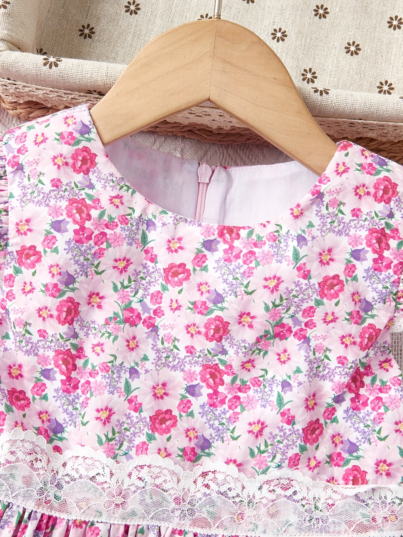 Toddler Girls Flutter Sleeve Lace Trim Flowers Graphic Princess Dress