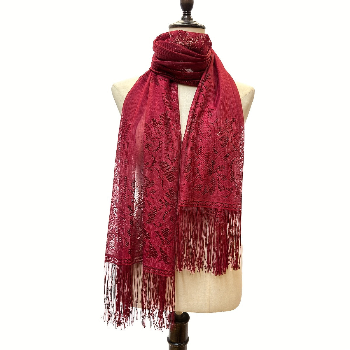 Red Lace Tassel Scarf Floral Shawl for Party Prom Wedding Bridal