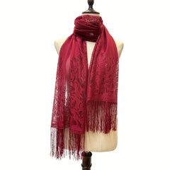 Red Lace Tassel Scarf Floral Shawl for Party Prom Wedding Bridal