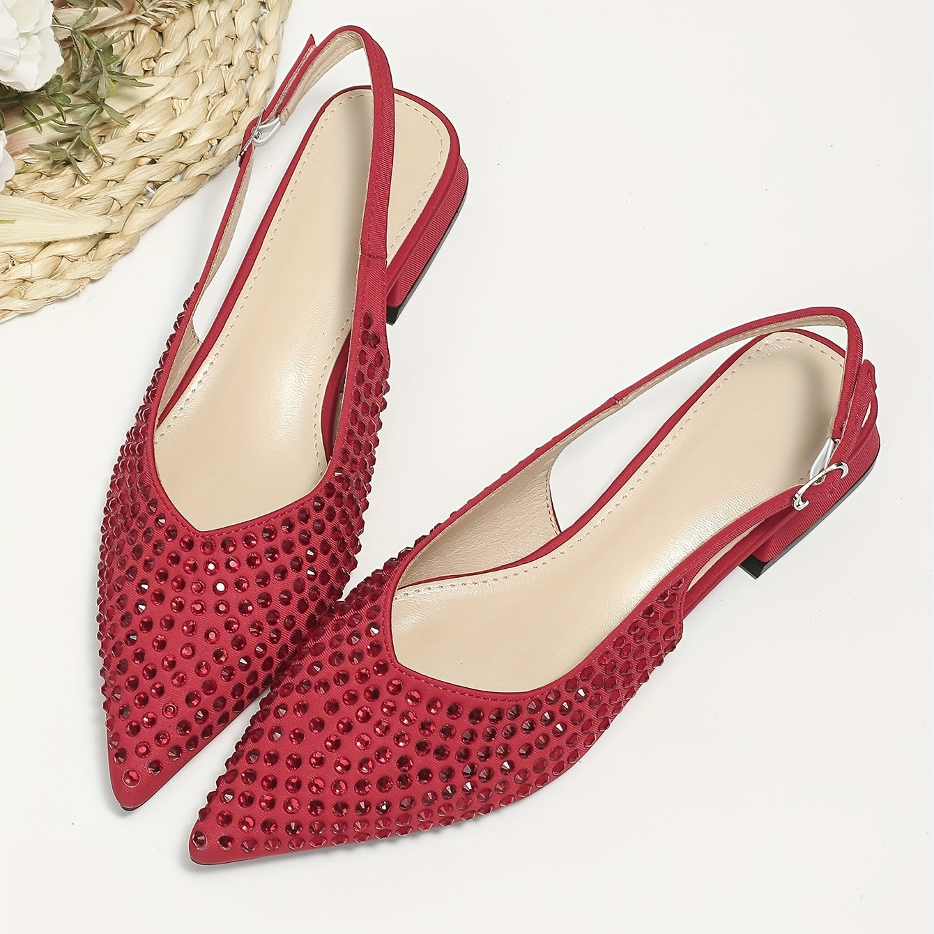 Women's Rhinestone Slingback Sandas Pointed Toe Buckle Strap Flat Shoes
