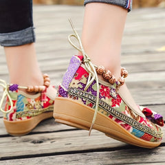 Tribal Style Beading Flat Shoes Retro Floral Print Bowknot Walking Shoes