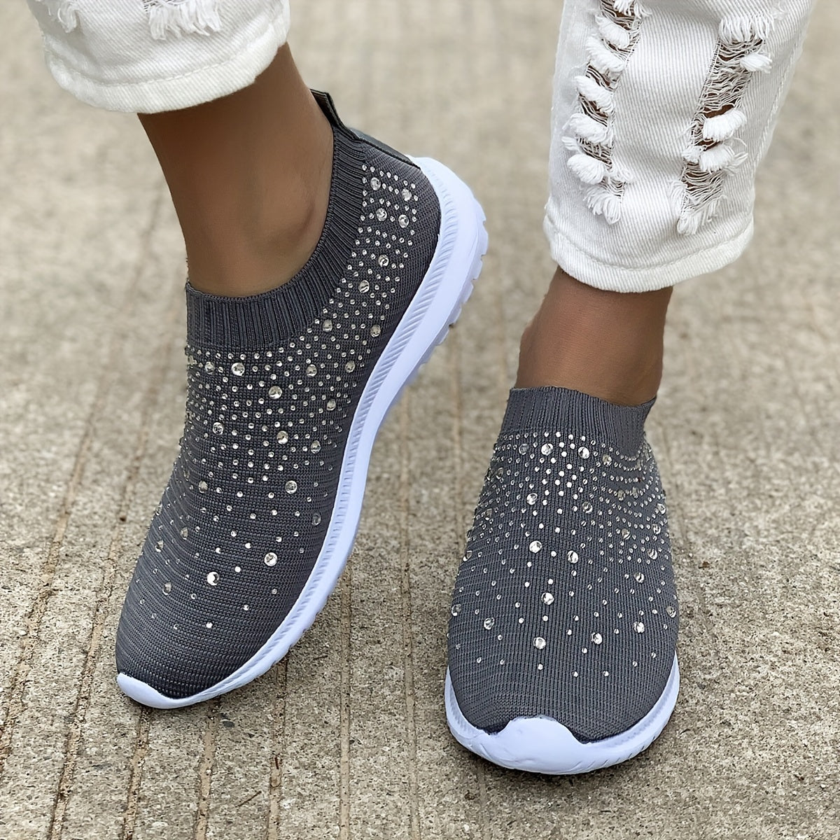 Women's Rhinestone Knit Sports Shoes Low Top Slip On Casual Sock Shoes