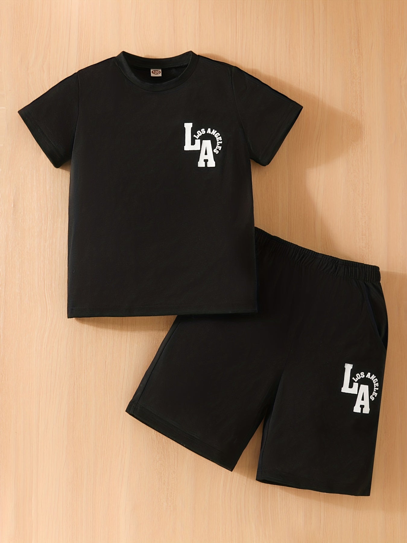 Boys LA Letter Graphic Print Tee&Shorts Set Summer Kids Clothing