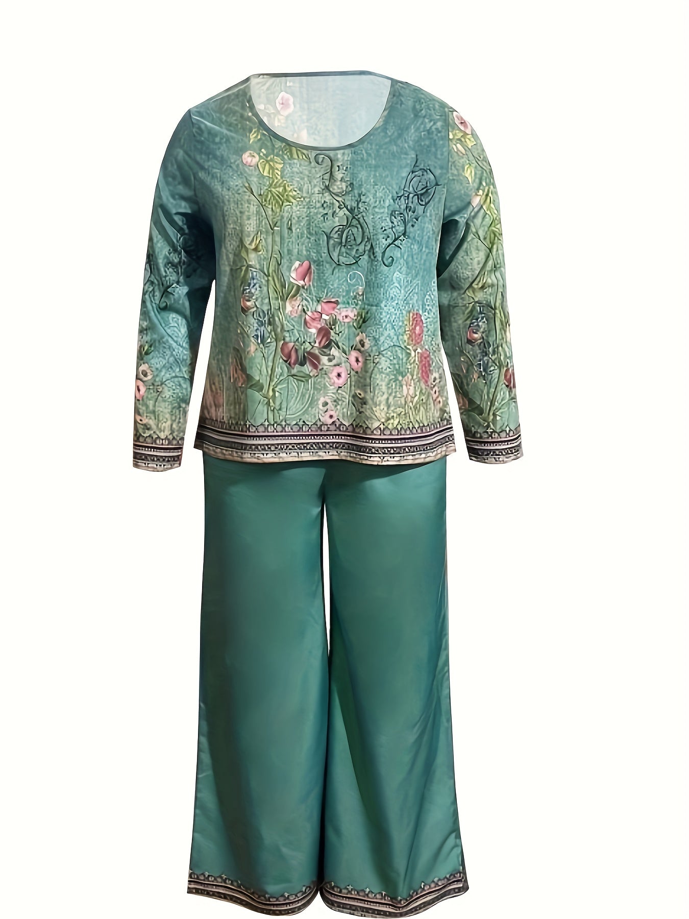 Retro Outfit Set Women's Plus Border Floral Print Round Neck