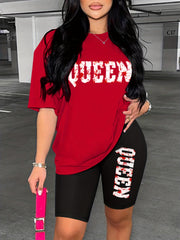 Queen Print 2pc Set Casual T-shirt & Shorts Outfit Womens Clothing